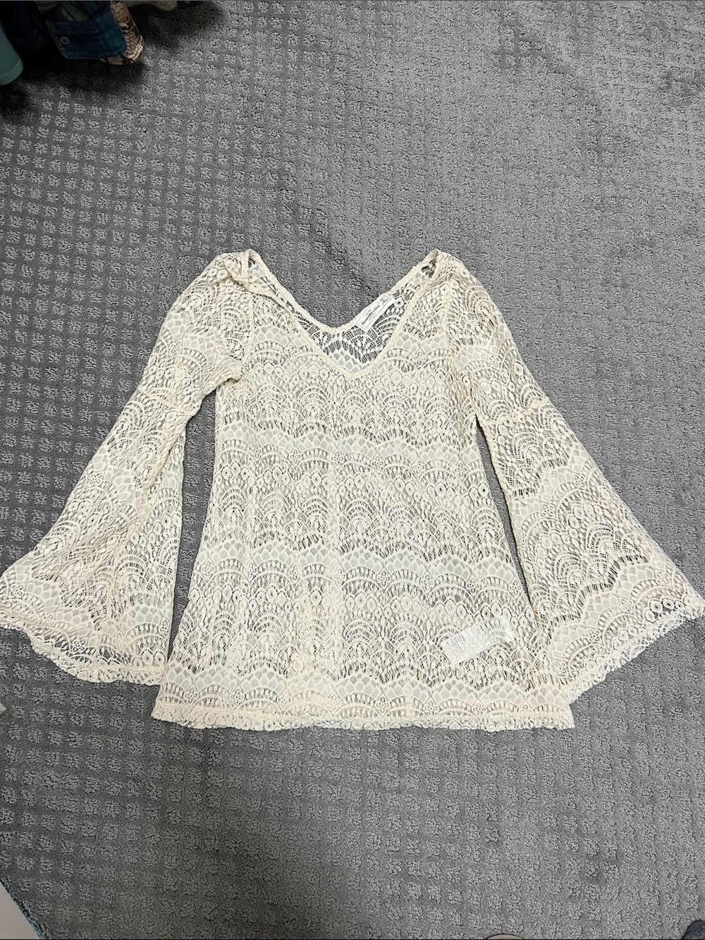 Women's Cream Lace Bell-Sleeve V-Neck Blouse